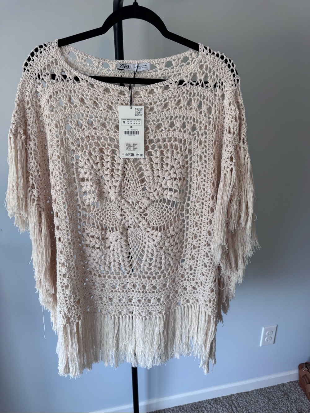 Zara Cream Crochet Fringe Knit Top